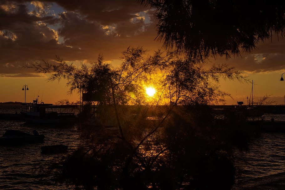 sunset, mood, evening, water, sky, tree, nautical vessel, beauty in nature HD wallpaper