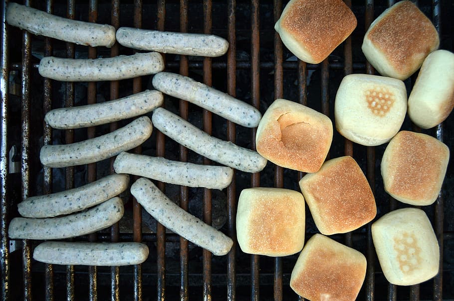 Sausage, Grill, Barbecue, Bratwurst, grill sausage, roll, food and drink, HD wallpaper