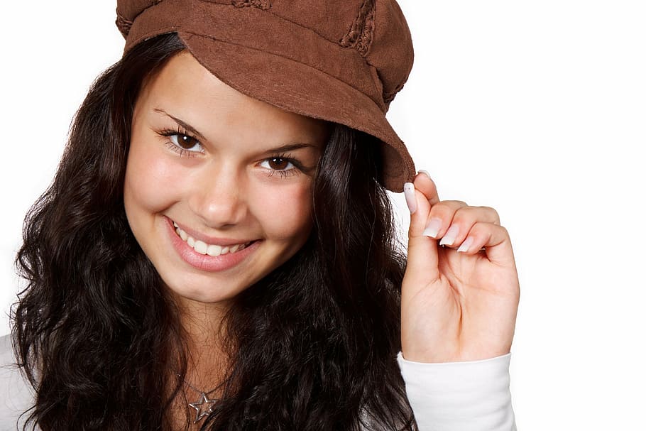 woman wearing brown cap, beautiful, face, female, girl, happy, HD wallpaper