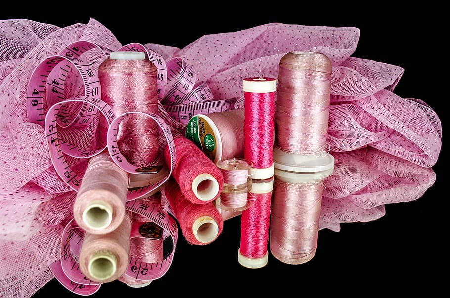 pink thread on black surface, sewing, cotton, material, tape HD wallpaper