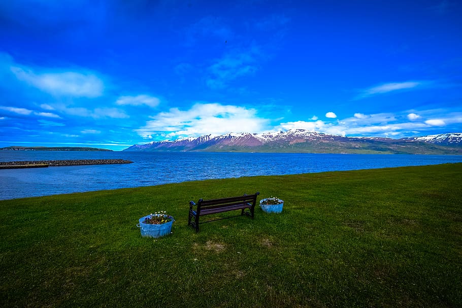 sea, landscape, mountains, nature, beach, clouds, daylight, grass HD wallpaper