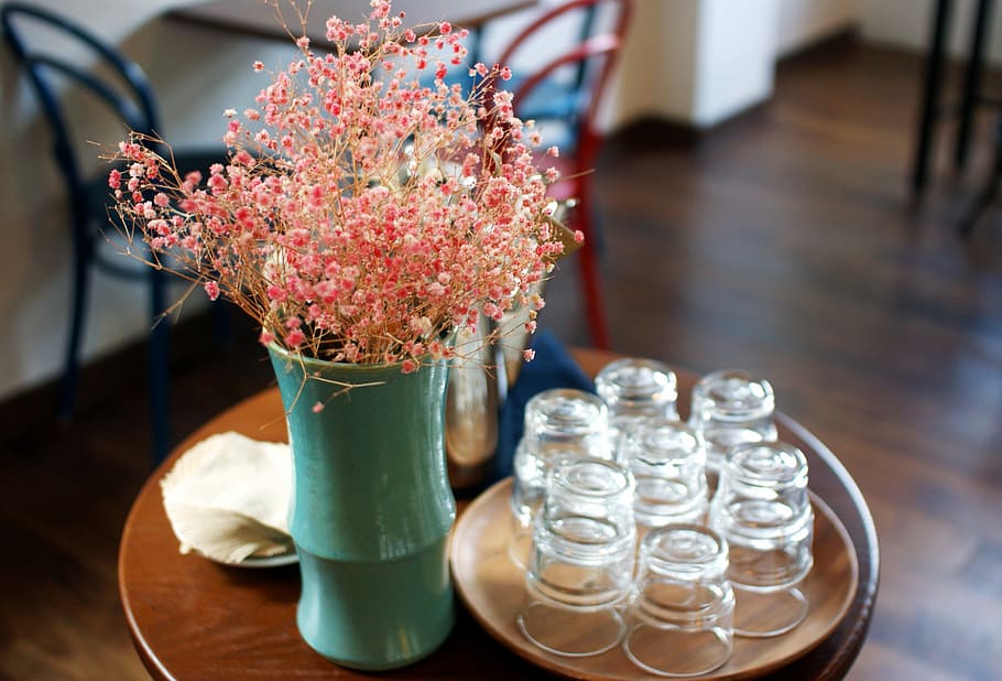 Cup, Cafe, Flowers, Harmony, Glass, glass cup, table, decoration HD wallpaper