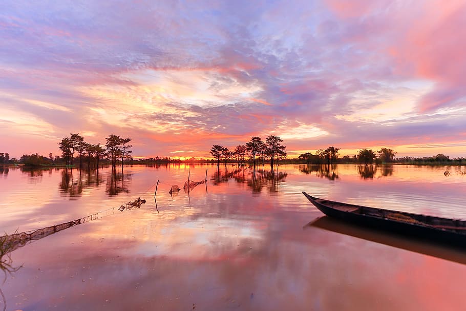 water, reflection, dawn, dusk, peacefull countryside, sky, sunset HD wallpaper