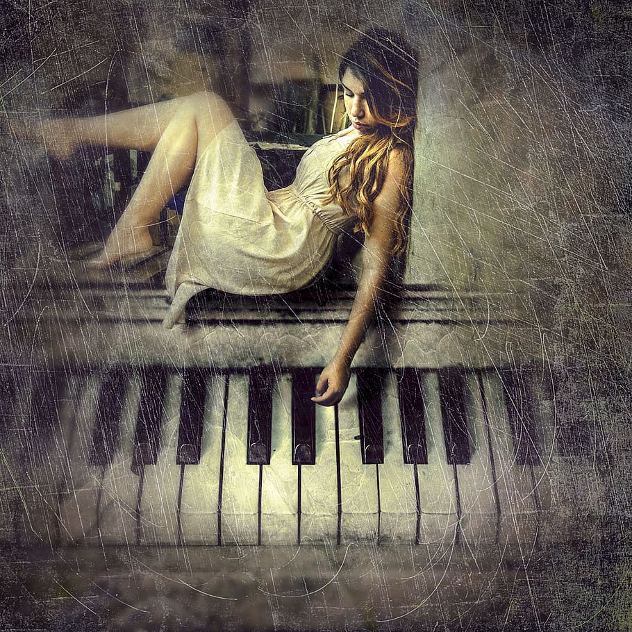 woman wearing white dress seating on piano, cd cover, composing