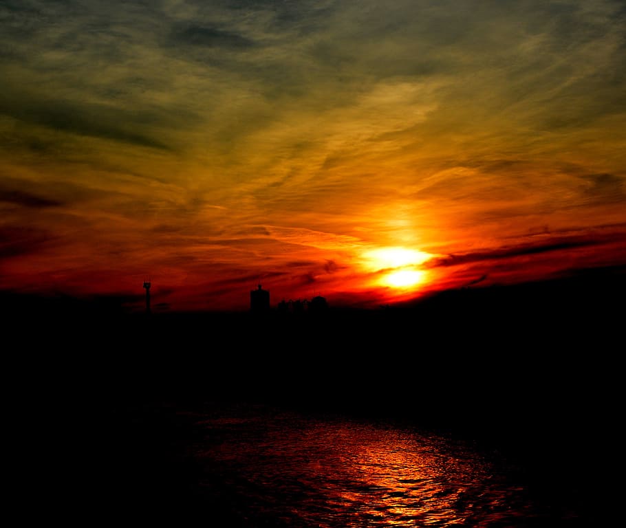 sunset, sky, cloud, water, red, lake, port, in the evening HD wallpaper