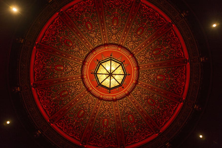 low angle photo of red and yellow dome ceiling, art, design, architecture, HD wallpaper
