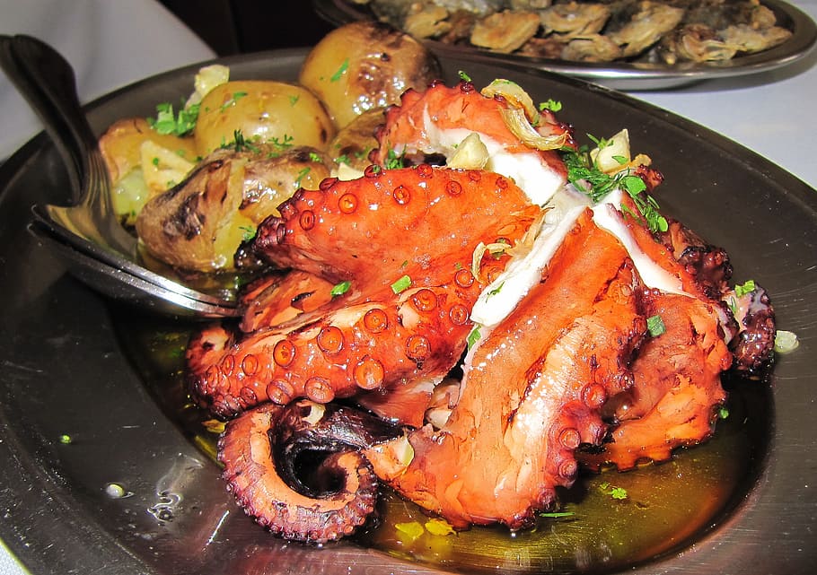 squid, fried, food, dining, potatoes, garlic, taste, refreshments HD wallpaper