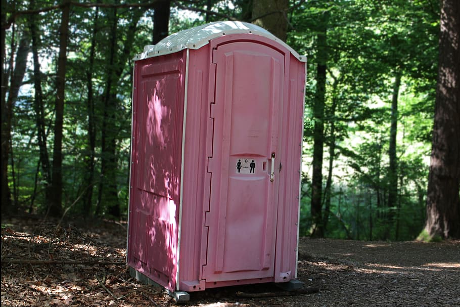 pink portable bathroom on forest during daytime, toilet, sanitary