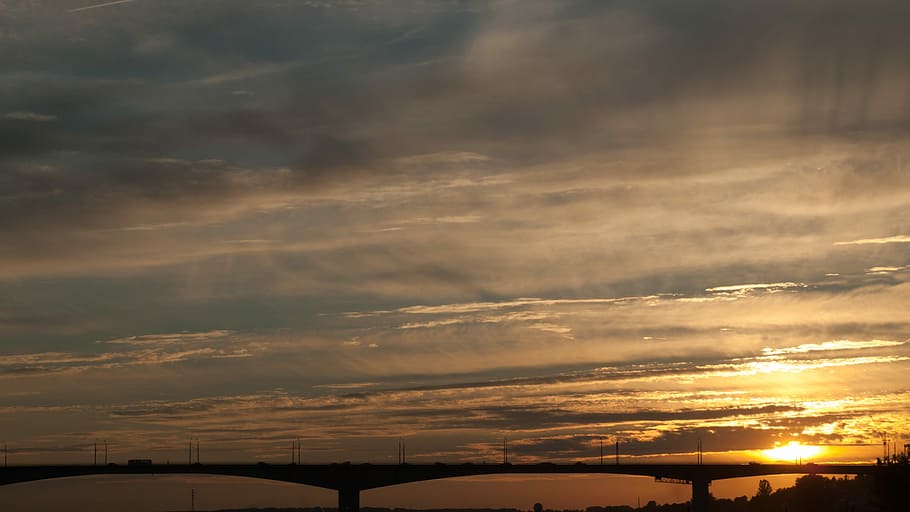 Sunset, Clouds, Evening, Sky, Bridge, evening sky, river, golden HD wallpaper