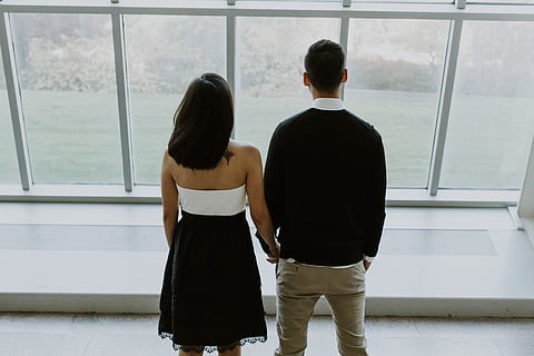 A young couple standing by large windows, people, adult, women HD wallpaper