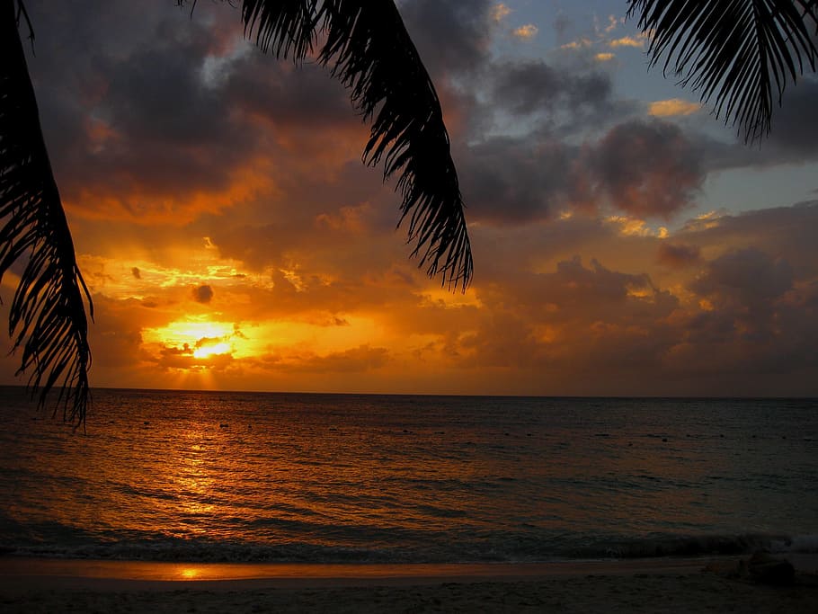 Sunset, Setting, Sky, Glow, Orange, summer, sea, ocean, clouds HD wallpaper