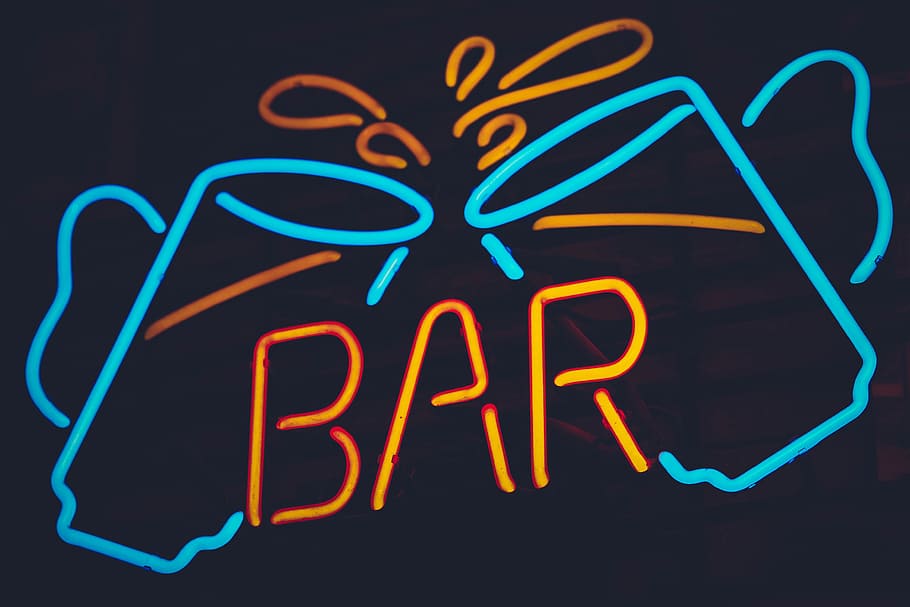 turned-on blue and orange bar cheers neon light signage, advert, HD wallpaper