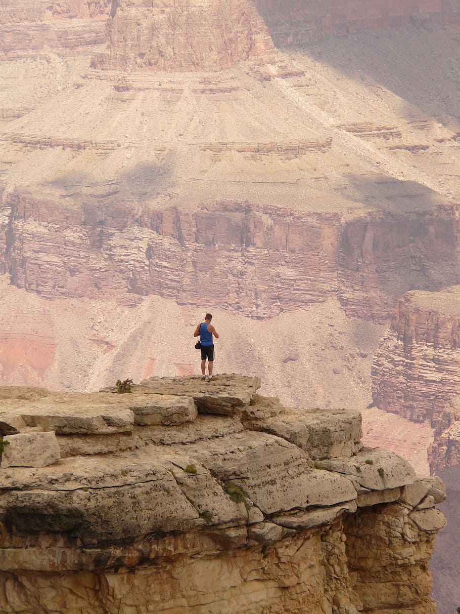 man standing on top of canyon cliff, Grand Canyon, Gorge, View, HD wallpaper