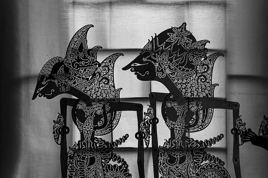 two women portrait painting, wayang, puppet, shadow, traditional