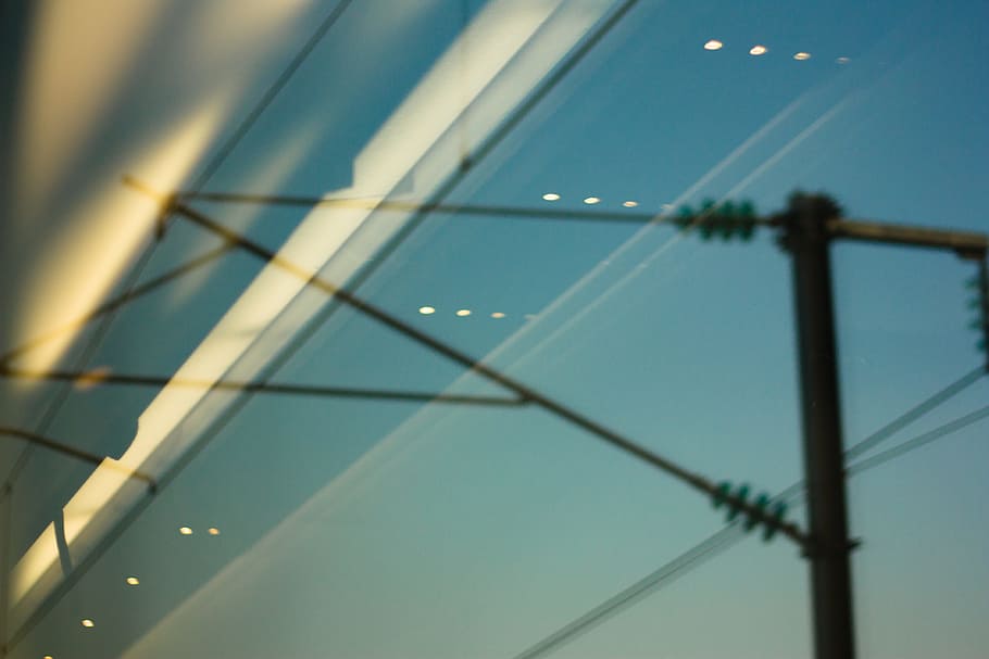 sky, reflection, post, electricity, light, train, landscape HD wallpaper