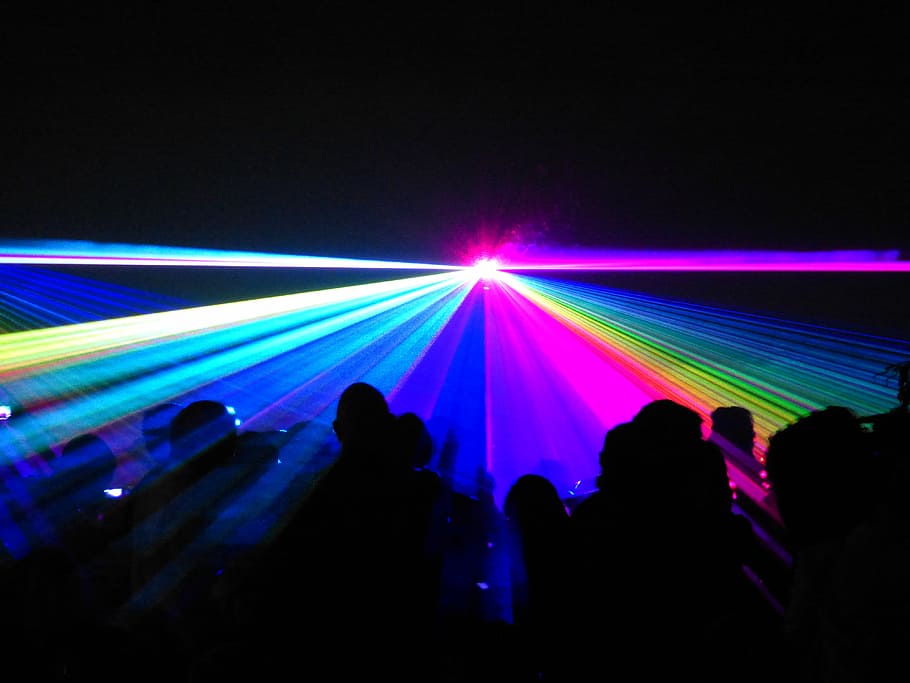 people partying, laser, show, laser show, colorful, light, artificial light, HD wallpaper