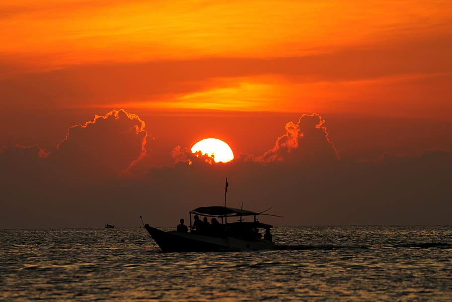 sunset, sea, clouds, nautical Vessel, nature, summer, silhouette HD wallpaper