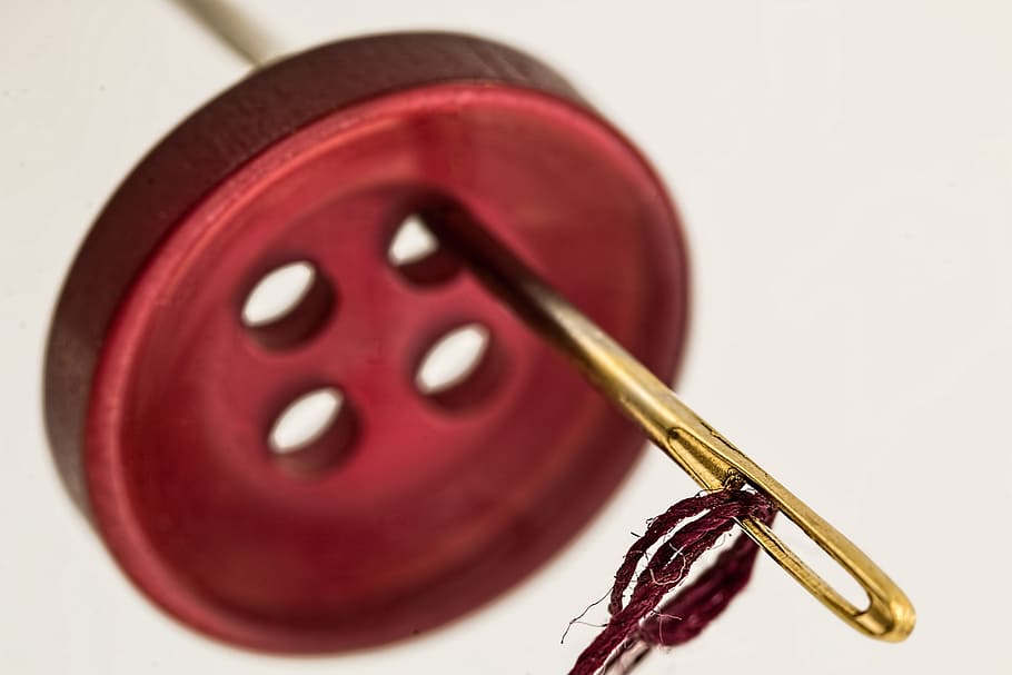 Brass Needle Through Red Cloth Button, close-up, macro, thread HD wallpaper