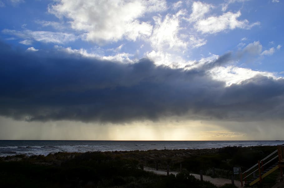 rain, clouds, sunset, beach, ocean, sky, sea, water, landscape HD wallpaper