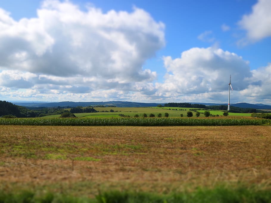 landscape, pinwheel, clouds, fields, summer, environment, sky HD wallpaper
