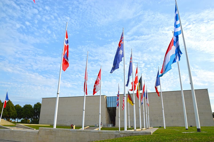 memorial, normandy, landing, flag, patriotism, sky, cloud - sky HD wallpaper
