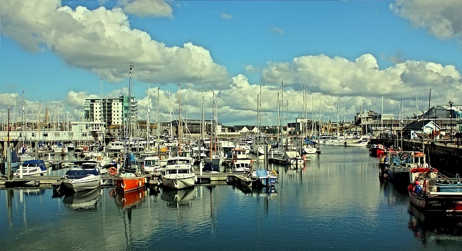 sea, sky, water, clouds, boats, buildings, dock, harbor, harbour HD wallpaper