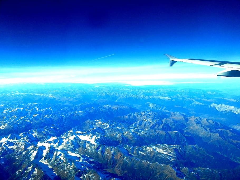 sky, alps, switzerland, aircraft, window, mountains, blue, wing, HD wallpaper