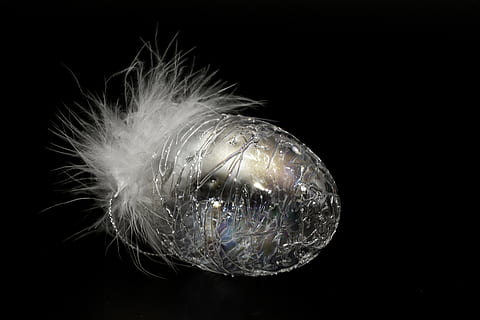 white glass decor with fur accents, easter egg, fragile, feather HD wallpaper