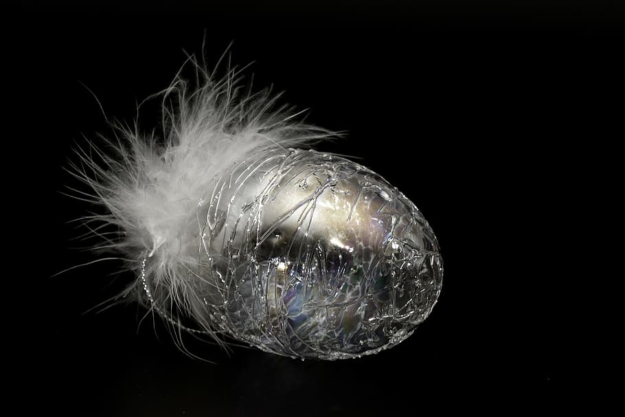 white glass decor with fur accents, easter egg, fragile, feather HD wallpaper