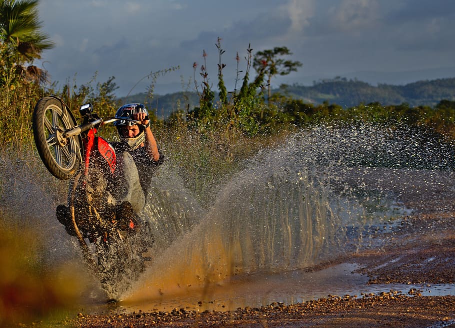 motorcycle, splash, water, nature, outdoors, water droplets HD wallpaper