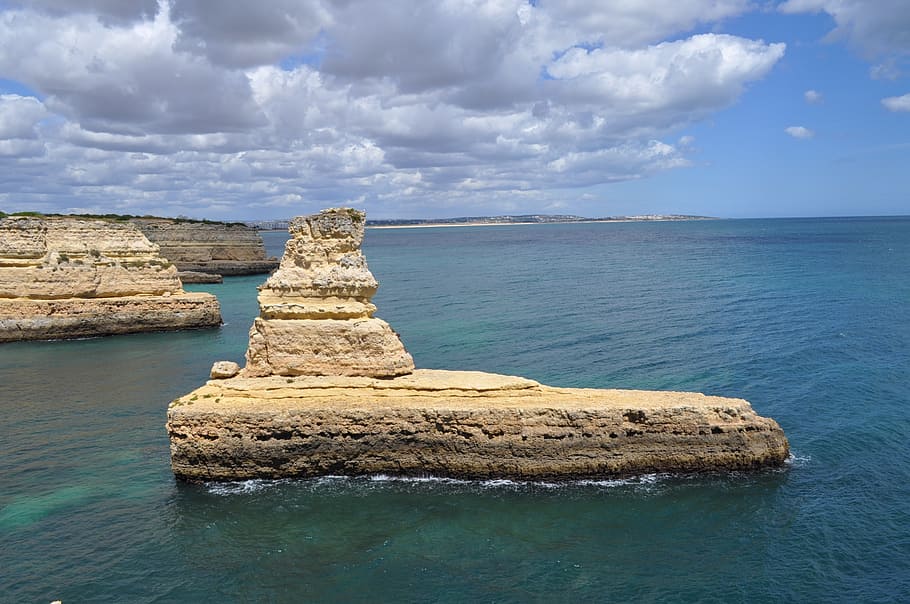 rocks, island, the coast, the atlantic ocean, portugal, algarve, HD wallpaper