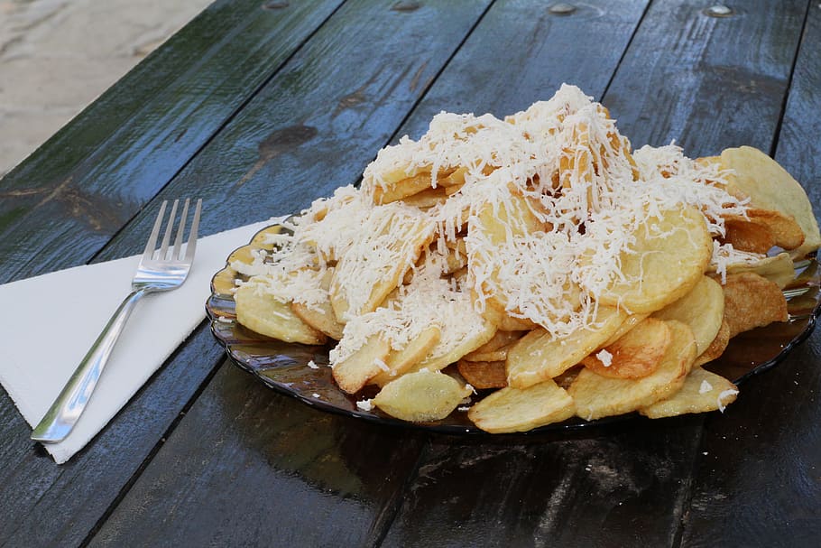 fried potatoes, cheese, fork, plate, napkin, table, food, fast food HD wallpaper