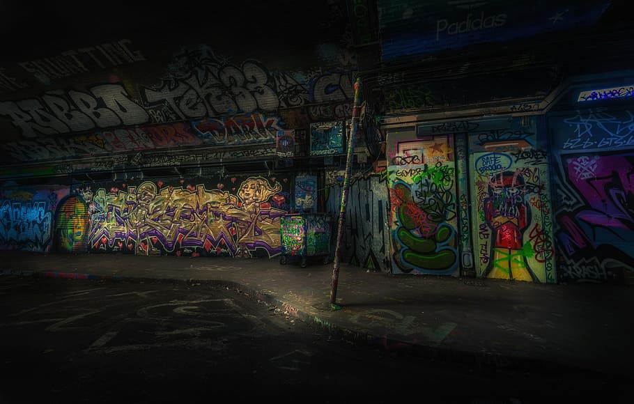 assorted-colored graffiti on wall, graffiti wall, night, urban