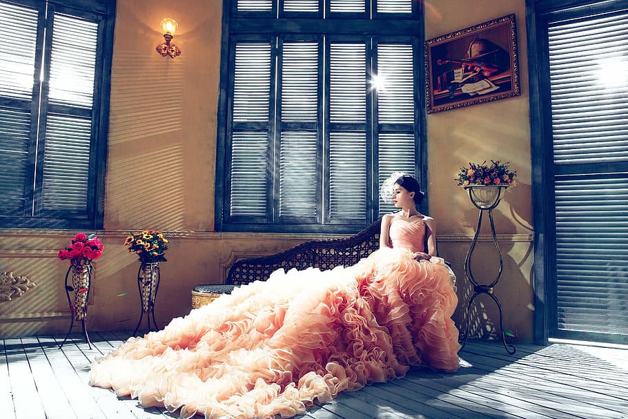 bride, decoration, fashion, flowers, frame, furniture, gown, HD wallpaper