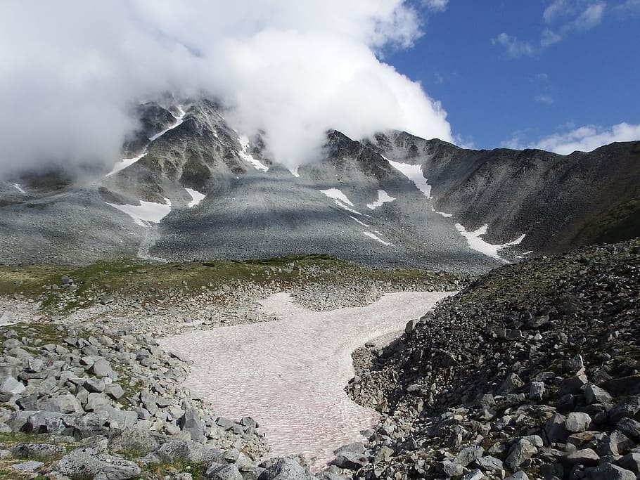 mountain, climbing, trail, scree, stones, height, clouds, landscape HD wallpaper