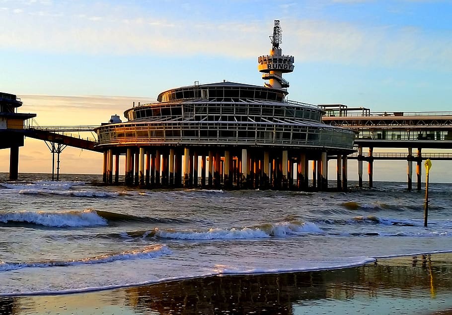 beach, pier, scheveningen, coast, water, architecture, built structure HD wallpaper