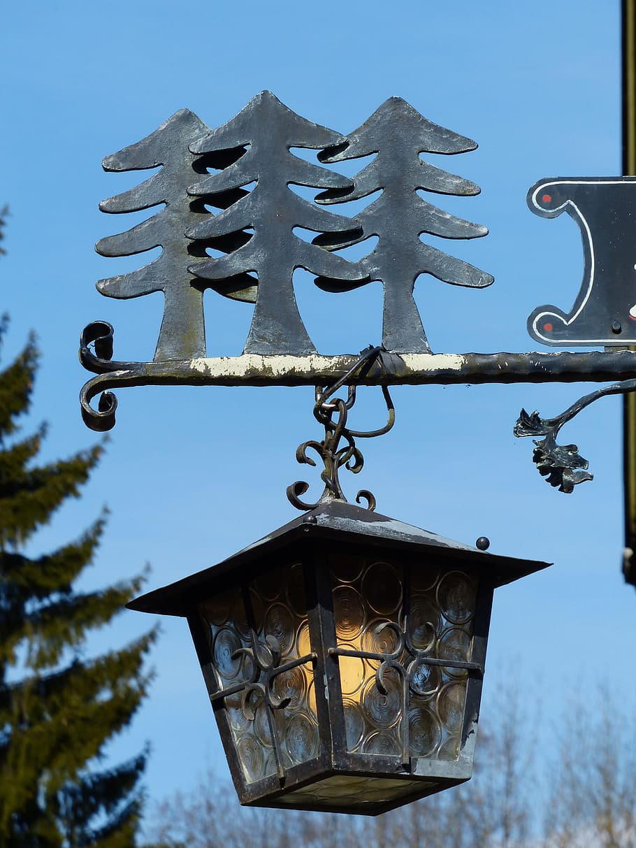 lamp, lighting, lantern, fir trees, christmas, blacksmithing HD wallpaper