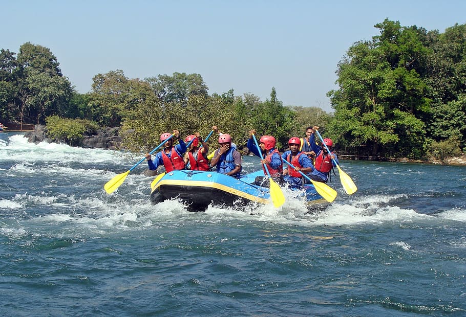 people riding water rafting, kali river, dandeli, karnataka, river rafting