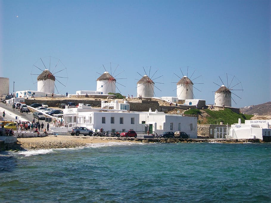 windmills, katakolon, greece, sea, mykonos, aegean Sea, water HD wallpaper