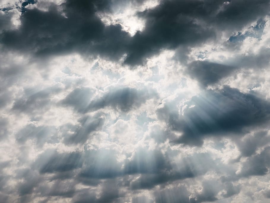cloudy sky with sun rays, light, white, clouds, sunlight, weather HD wallpaper