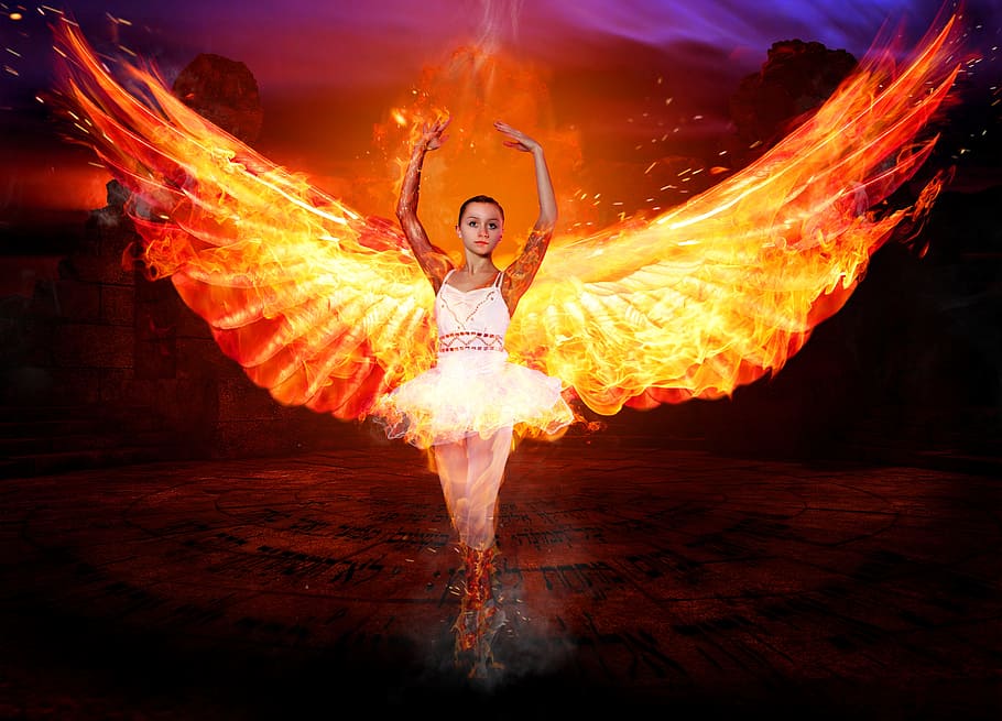 female character with fire wings artwork, angel, woman, mystical