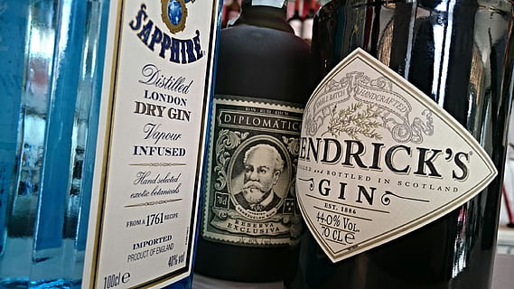 three assorted-brand liquor bottles, rum, gin, alcohol, bar HD wallpaper