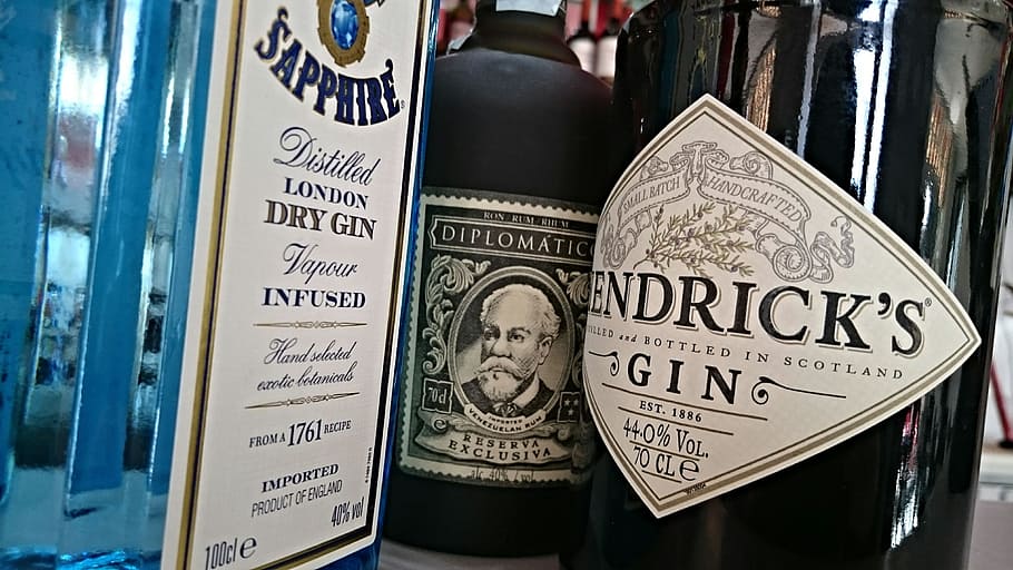 three assorted-brand liquor bottles, rum, gin, alcohol, bar HD wallpaper