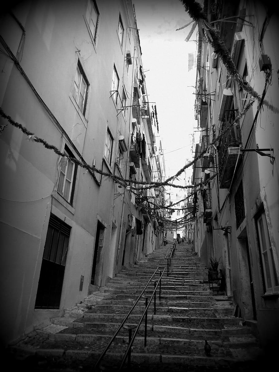 lisbon, city, stairs, steps, architecture, built structure, HD wallpaper