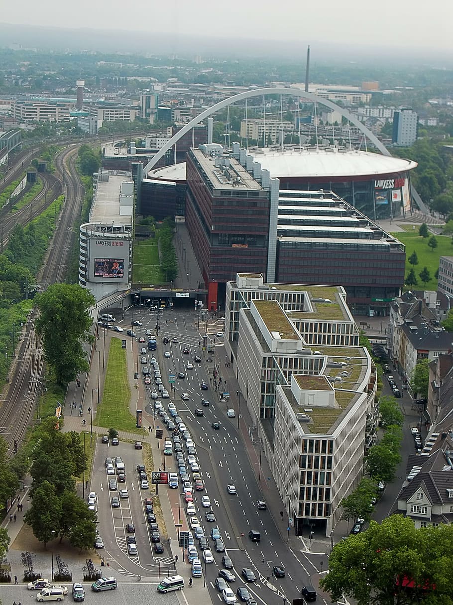 cologne, traffic, jam, autos, city, road, lanxess arena, aerial view HD wallpaper