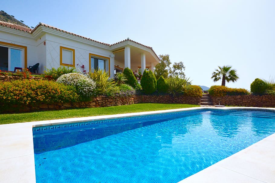 white concrete house beside in ground pool, villa, holiday, spain, HD wallpaper