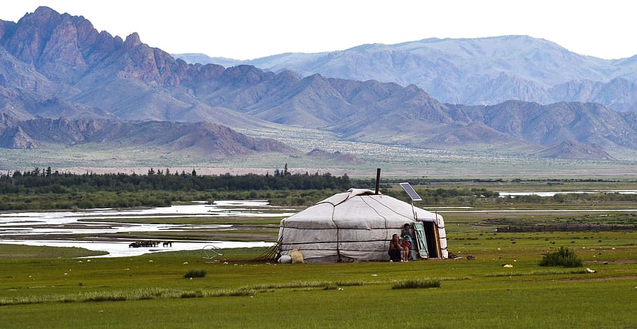 tent on wetland with mountain in the background, Yurt, Mongolia