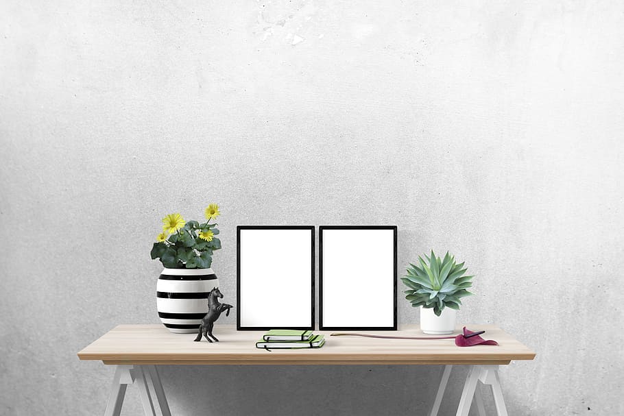 black and white ceramic flower vase on beige table, mockup HD wallpaper