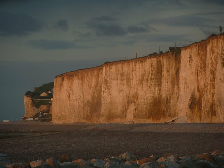 painting of brown mountain, criel plage, normandy, cliffs, france HD wallpaper