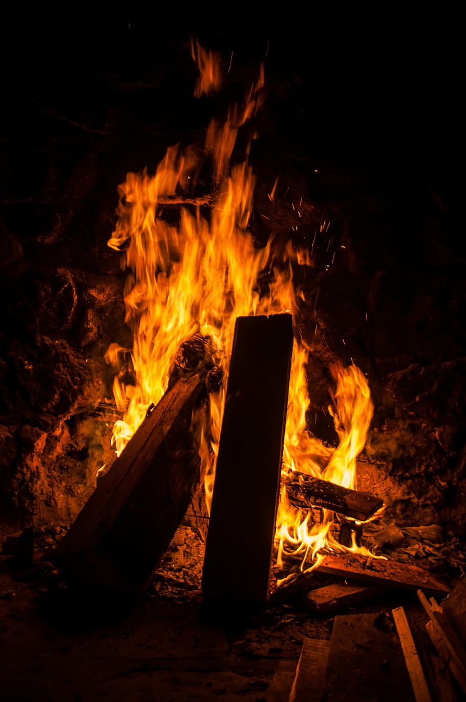 open fire, wood, burn, blaze, flame, fireplace, burning, heat - temperature HD wallpaper